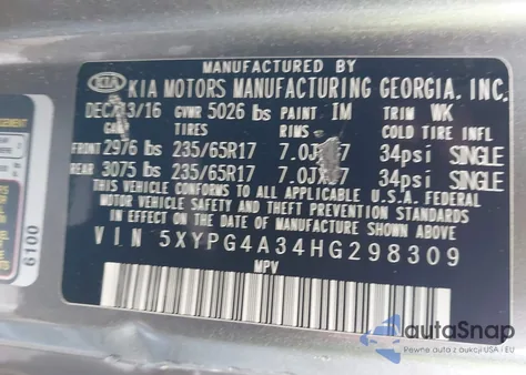 2017 Kia Sorento 2.4L Lx z USA, uszkodzony, nr VIN 5XYPG4A34HG298309